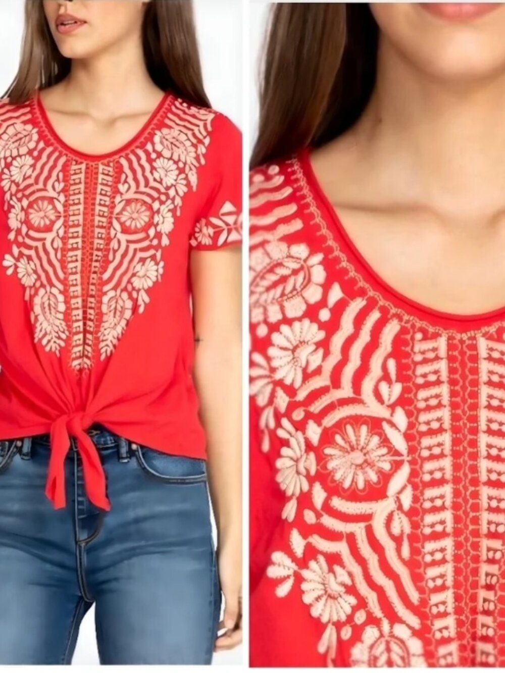 JOHNNY WAS Embroidered Rita Knot Tie Front Top Size XL Red Coral Boho Designer